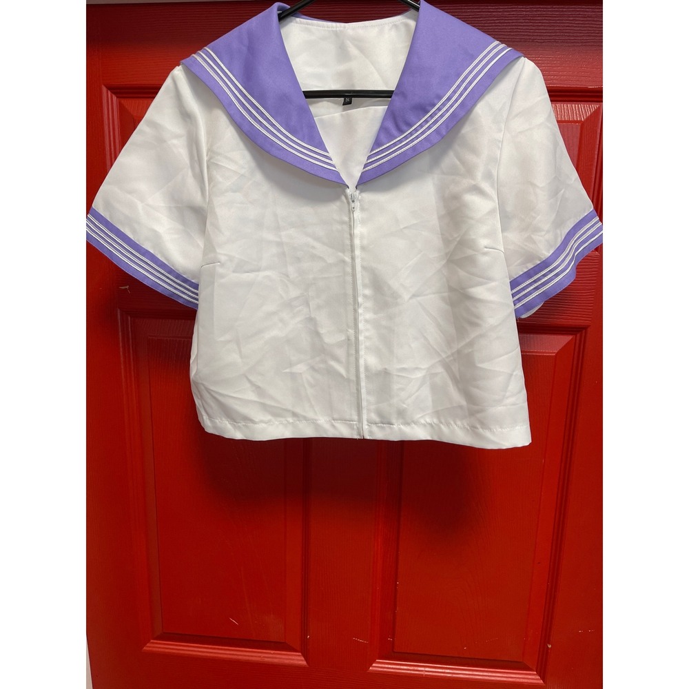 White and Purple Sailor Collar Zip Front Short Sleeve Cosplay Top Size 5L